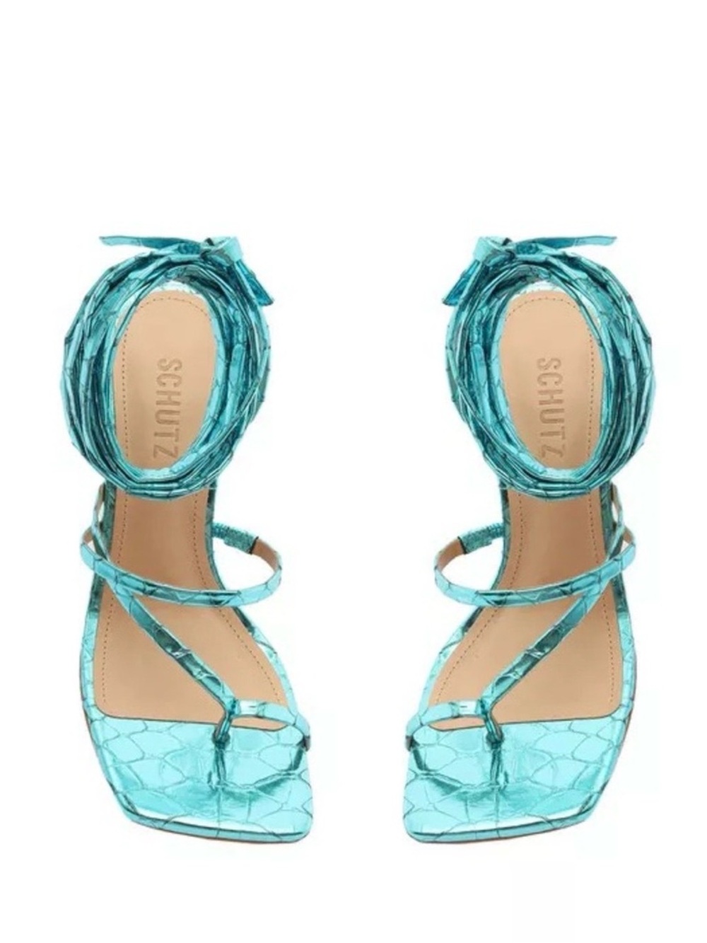 SCHUTZ Metallic Teal Wrap-Ankle Strappy Sandals